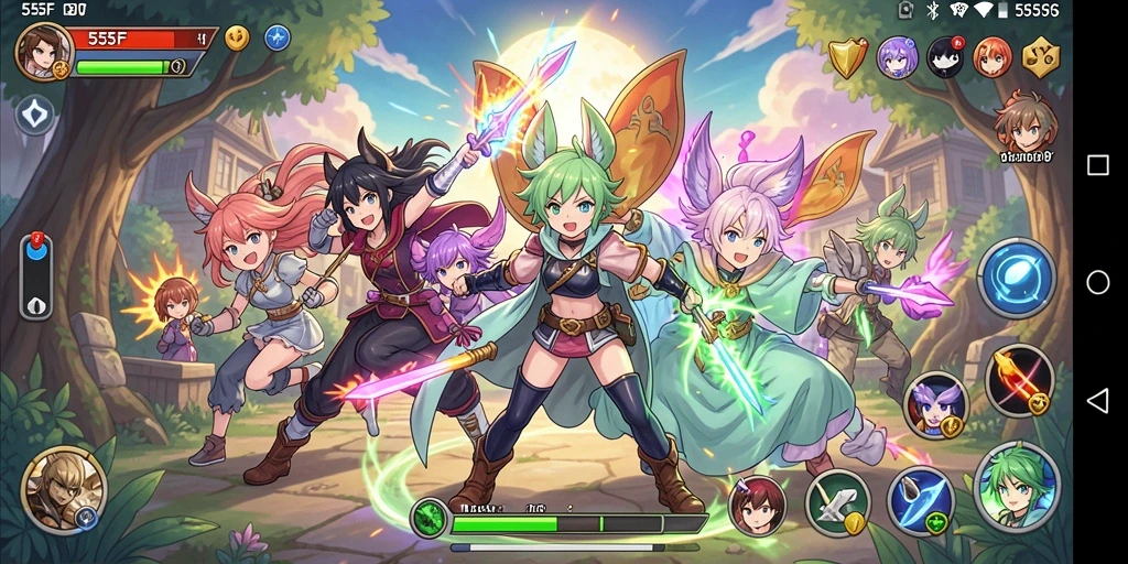 Tangkapan layar dari gameplay seru 555F yang memperlihatkan karakter anime.