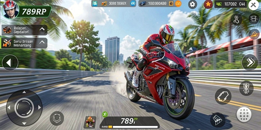 Screenshot 789RP menampilkan aksi balapan sepeda motor yang mendebarkan.