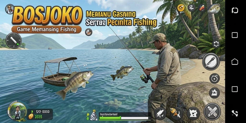 Gameplay seru dalam BOSJOKO, menampilkan aksi memancing yang mendebarkan.
