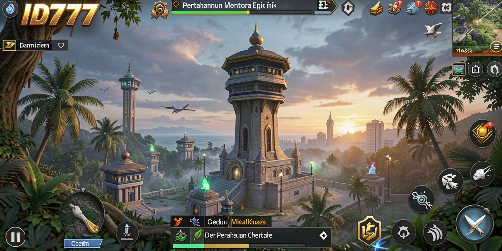Screenshot utama ID777 menampilkan serangan menara yang menegangkan.