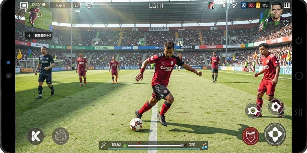 Tampilan gameplay intens dalam pertandingan sepak bola yang mendebarkan.