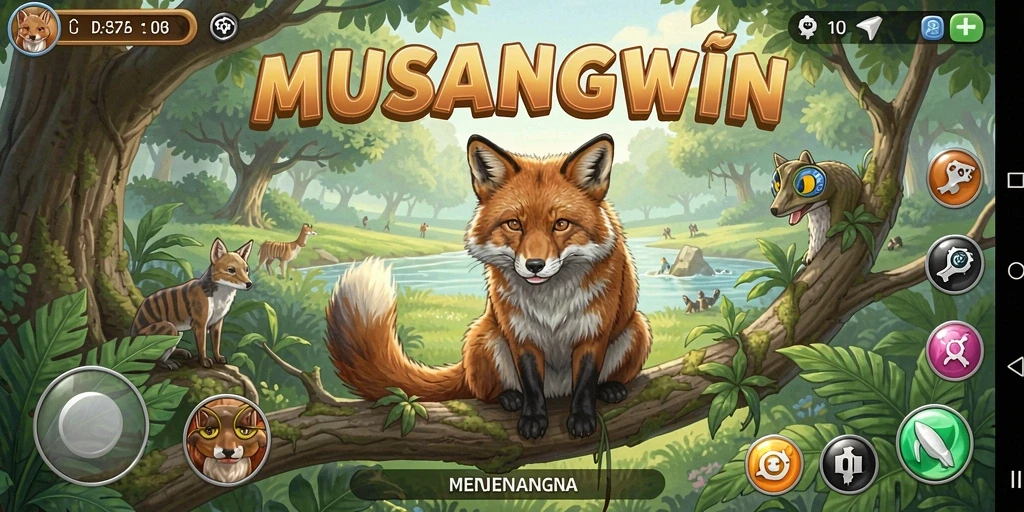 Screenshot gameplay MUSANGWIN dengan latar belakang cerah dan penuh warna.