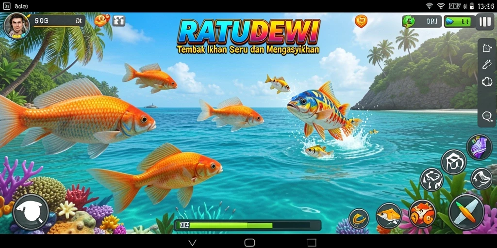 Tampilan gameplay seru dari RATUDEWI dengan aksi menembak ikan.