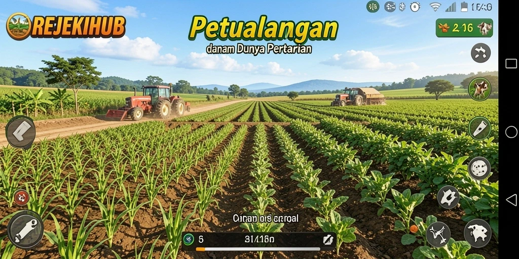 Screenshot utama REJEKIHUB menampilkan ladang yang subur dan beragam tanaman.