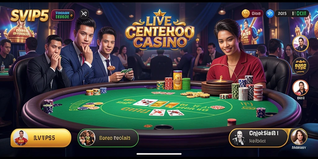 Screenshot gameplay SVIP5 menampilkan dealer langsung dan suasana kasino yang hidup.