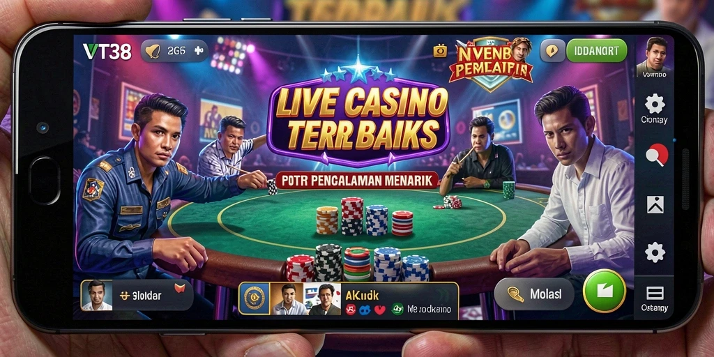 Screenshot gameplay VT38 menampilkan dealer langsung dan suasana kasino yang nyata.