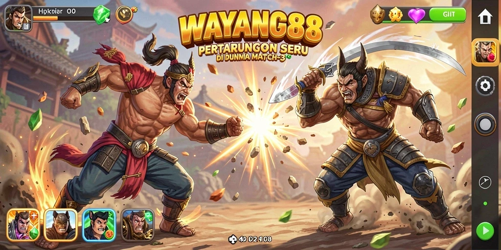 Tangkapan layar utama WAYANG88 menampilkan gameplay Match-3 yang seru dan penuh warna.