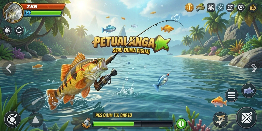 Tampilan gameplay ZK6 yang mengasyikkan saat memancing di danau.